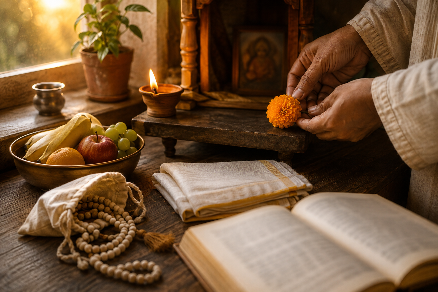 A devotee places a flower on a simple home altar beside prayer beads, fruit, a service cloth, and an open book.