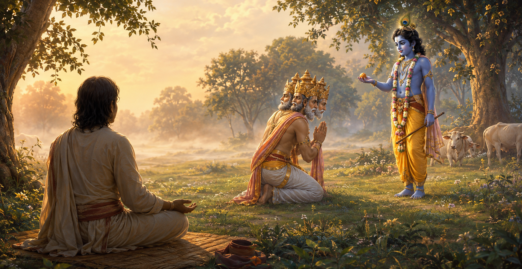 A seated listener faces a luminous meadow scene in which four-headed Brahma bows before youthful Krishna holding a morsel of food and cowherd objects.