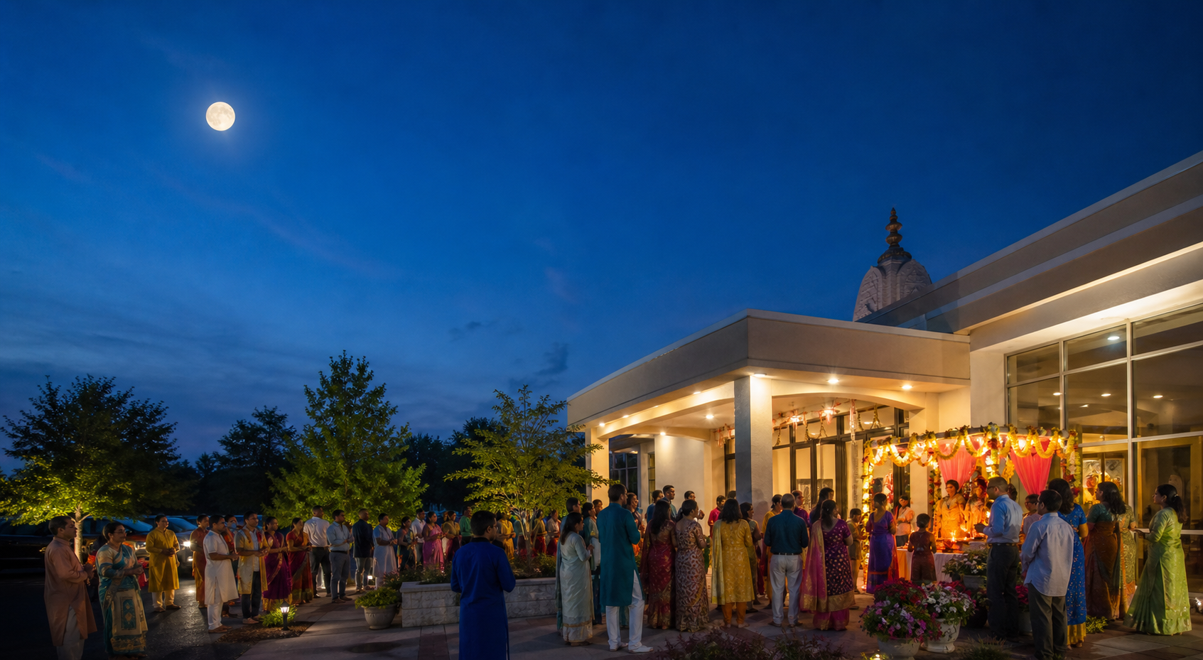 Devotees and families gather outside a suburban Hindu temple beneath the moon during an evening celebration.