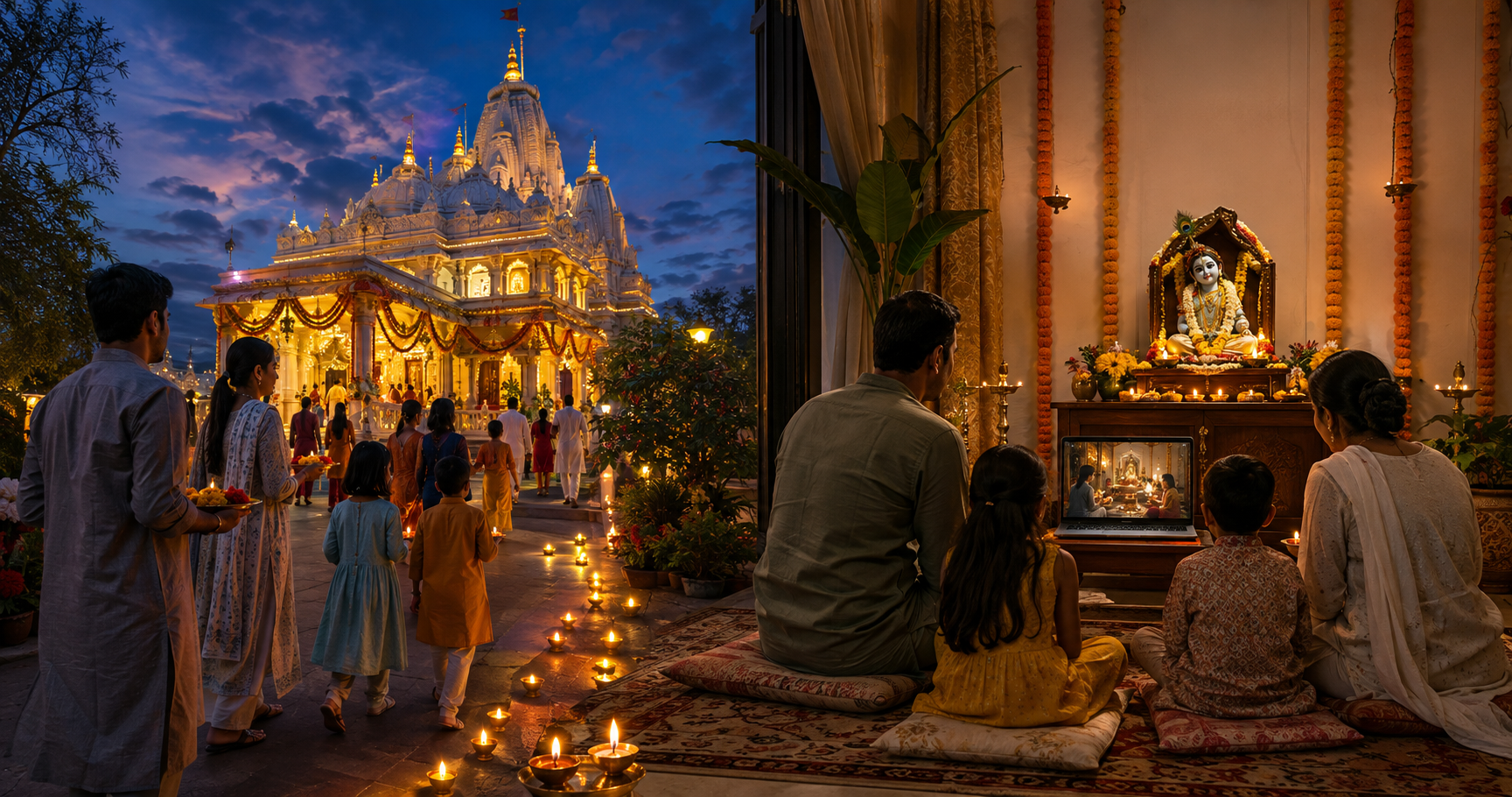 Devotees approach a decorated temple while a family watches a temple worship broadcast beside a home altar.
