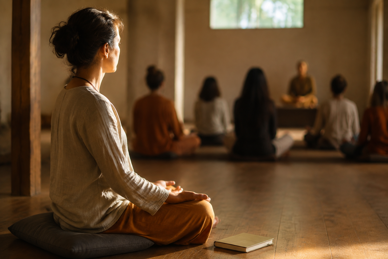 An anonymous practitioner sits upright with relaxed shoulders and open hands while listening in a softly lit temple room.