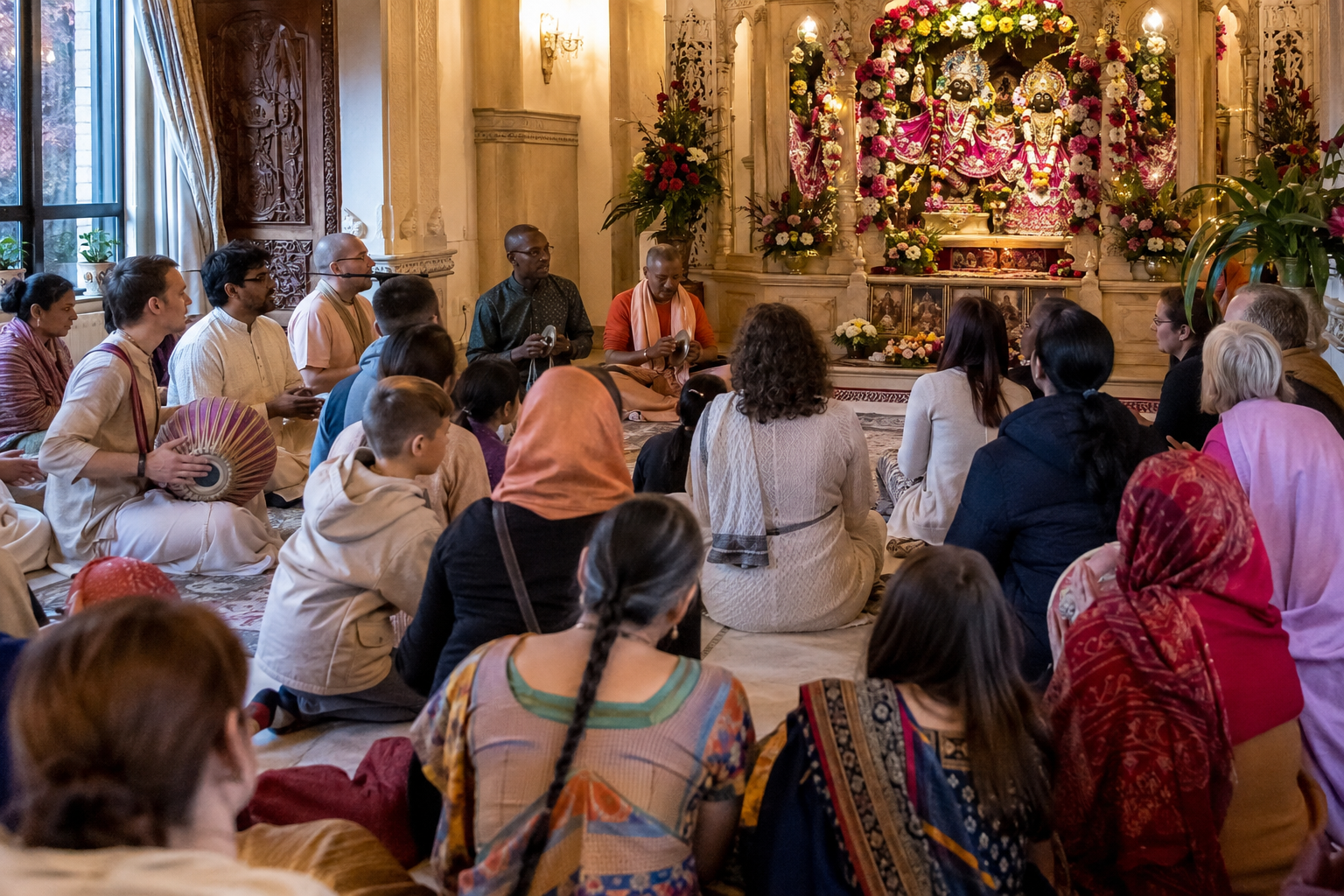 Devotees and visitors sit facing a flower-decorated altar while musicians lead kirtan with cymbals and a drum.