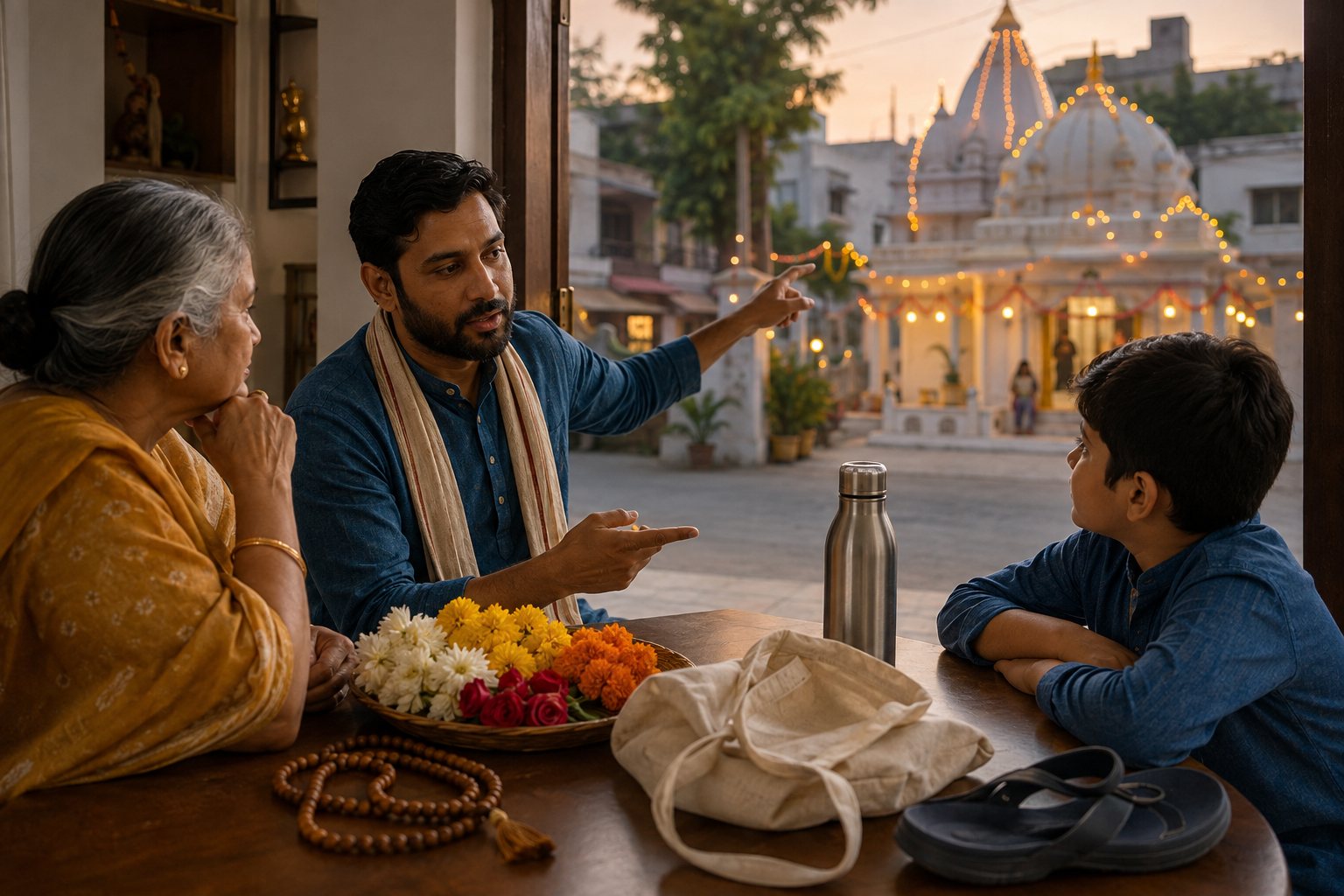 A multigenerational family prepares flowers, prayer beads, water and comfortable footwear before visiting a nearby temple.