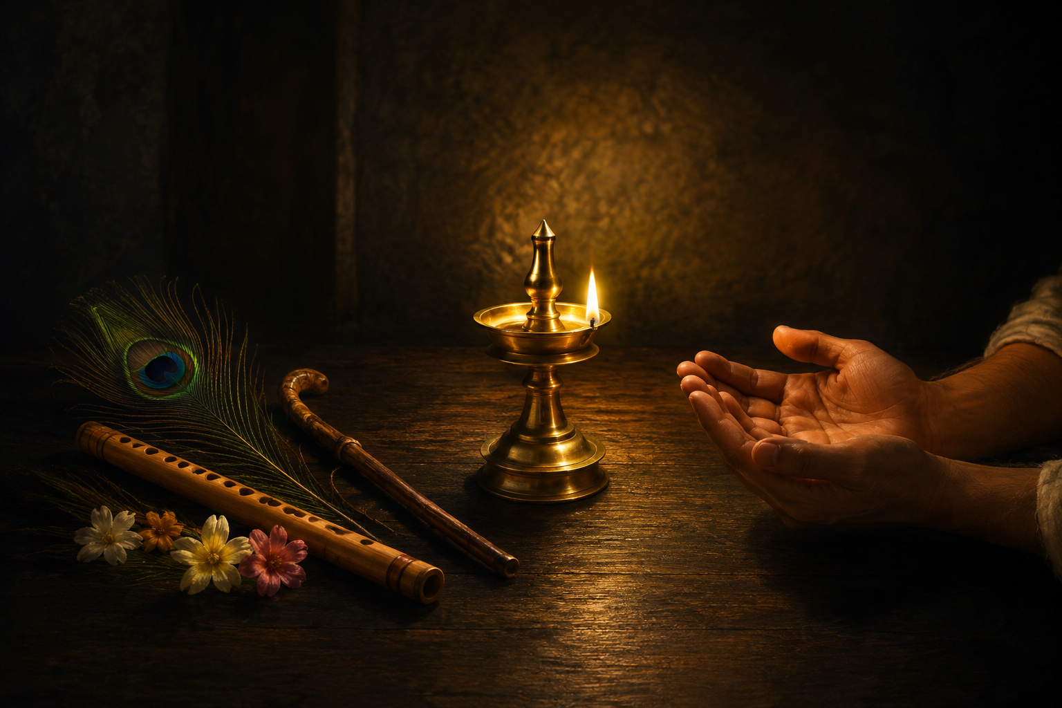 A peacock feather, flute, flowers and cowherd staff sit beside an oil lamp and a listener's open hands in three separated groups.