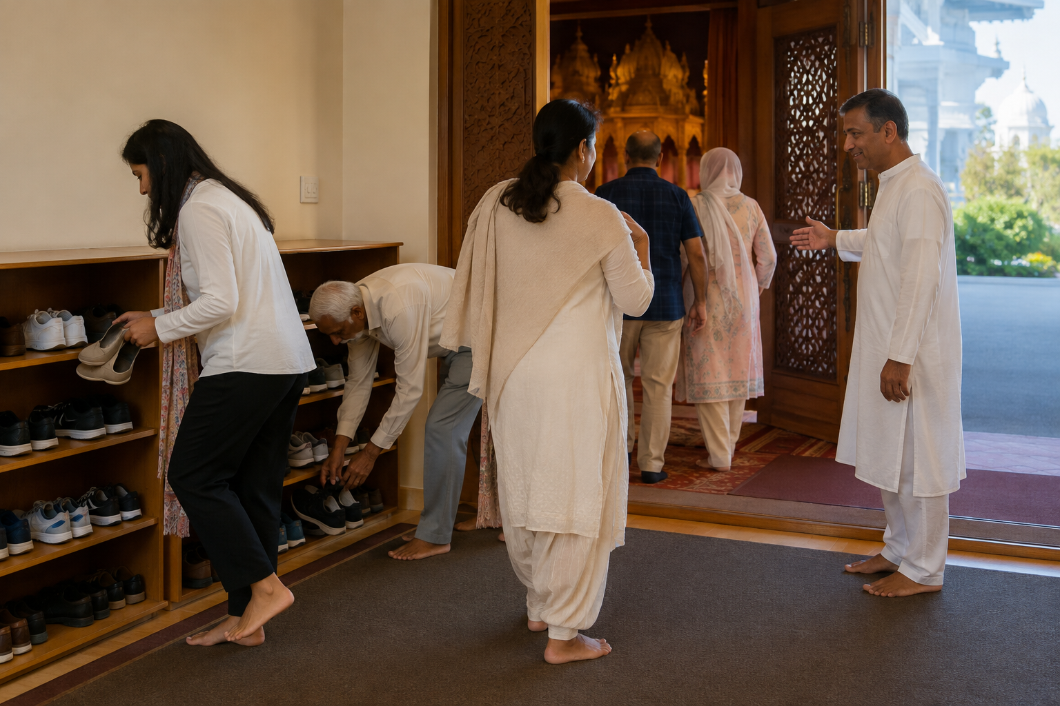 Visitors remove and store their shoes in a temple entrance while a volunteer welcomes them toward the worship hall.