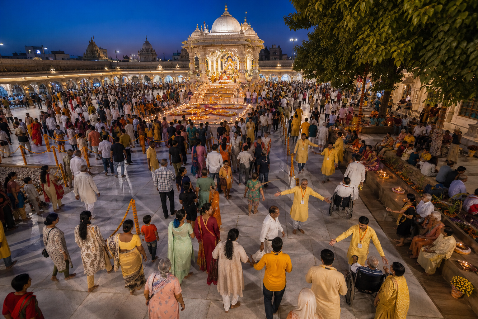 Volunteers guide families, older adults and wheelchair users through an orderly crowd in a lamp-lit temple courtyard.