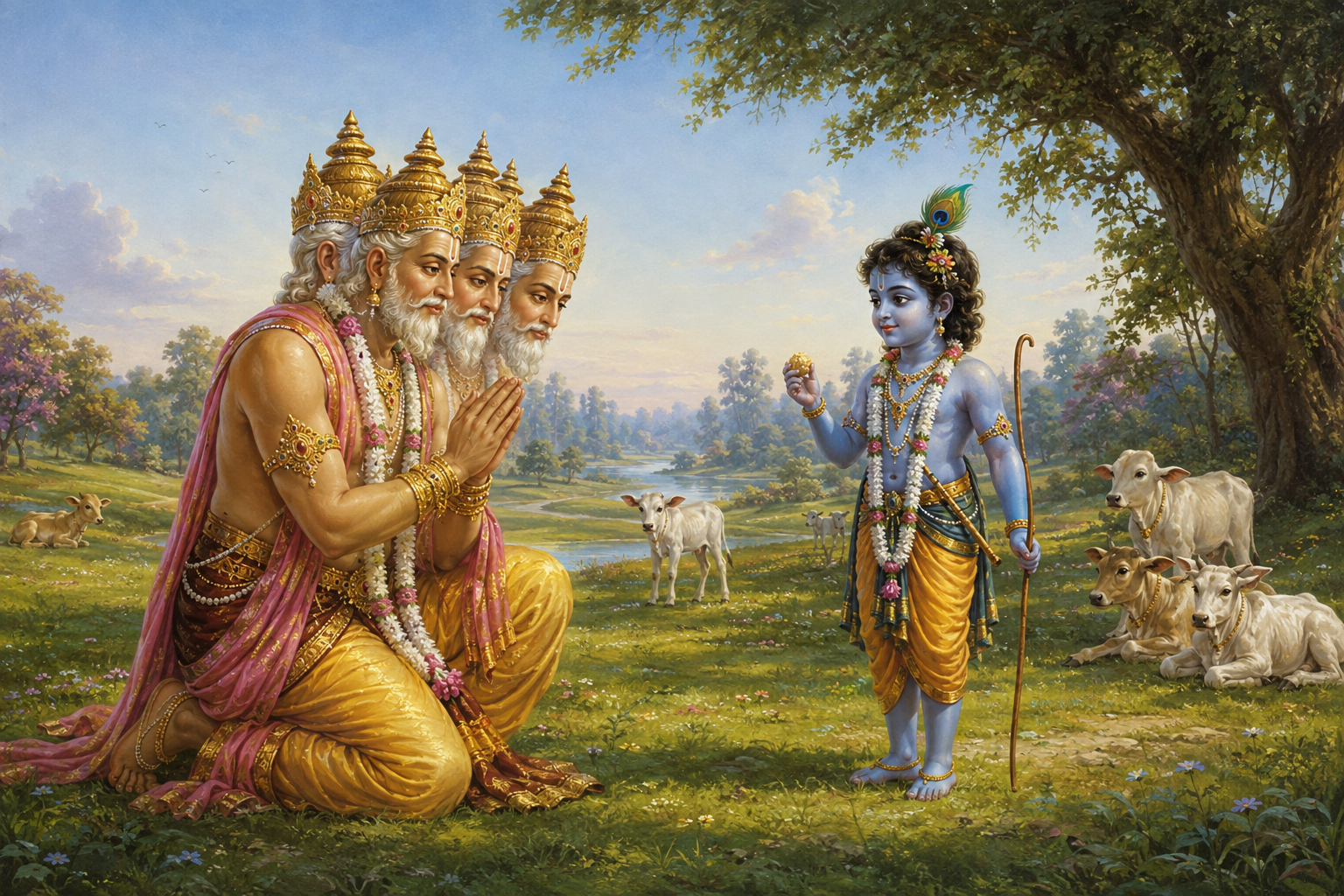 Four-headed Brahma kneels with joined palms before youthful Krishna in a sunlit meadow with calves and cowherd objects.