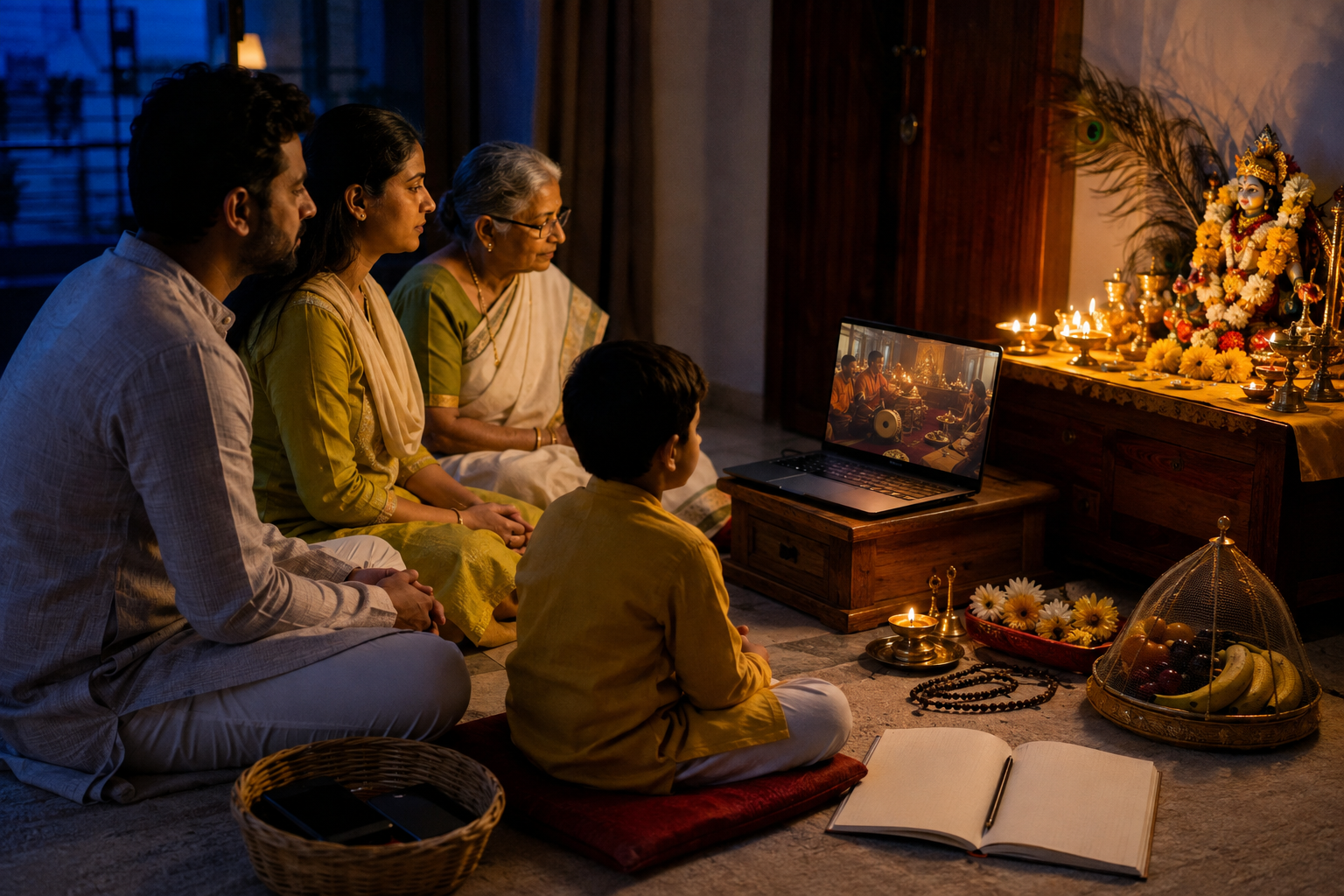 A family sits in prayer before a home altar and a laptop showing a live temple ceremony.