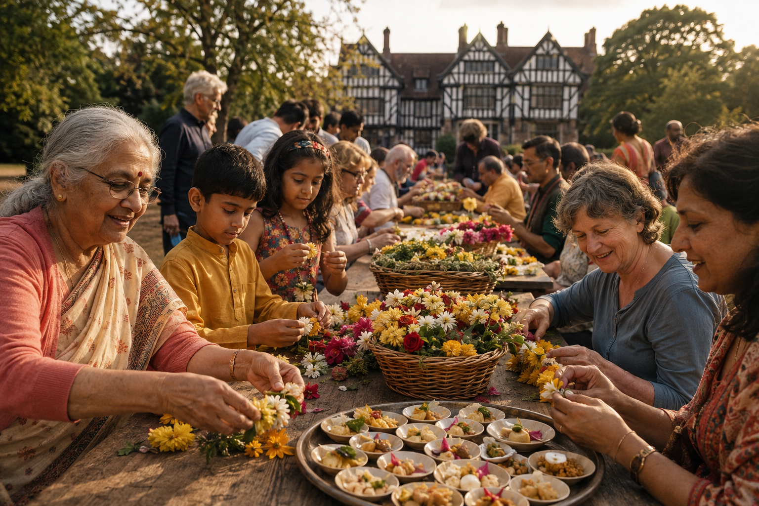 Adults, elders and children prepare flower garlands and vegetarian prasada together on the grounds of a timber-framed temple manor.