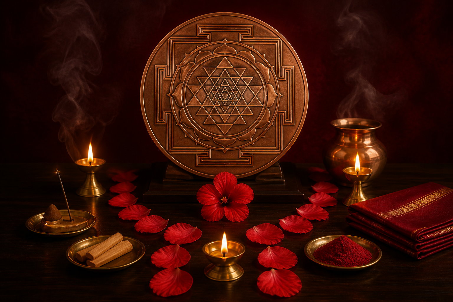 A copper Sri Chakra rests at the center of a symmetrical altar arrangement with hibiscus petals, brass lamps, a copper vessel, sandalwood, and crimson cloth.