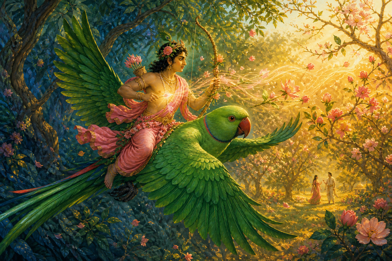Kamadeva rides a green parrot from a shaded grove toward a bright orchard where flowers open and two distant figures notice each other.