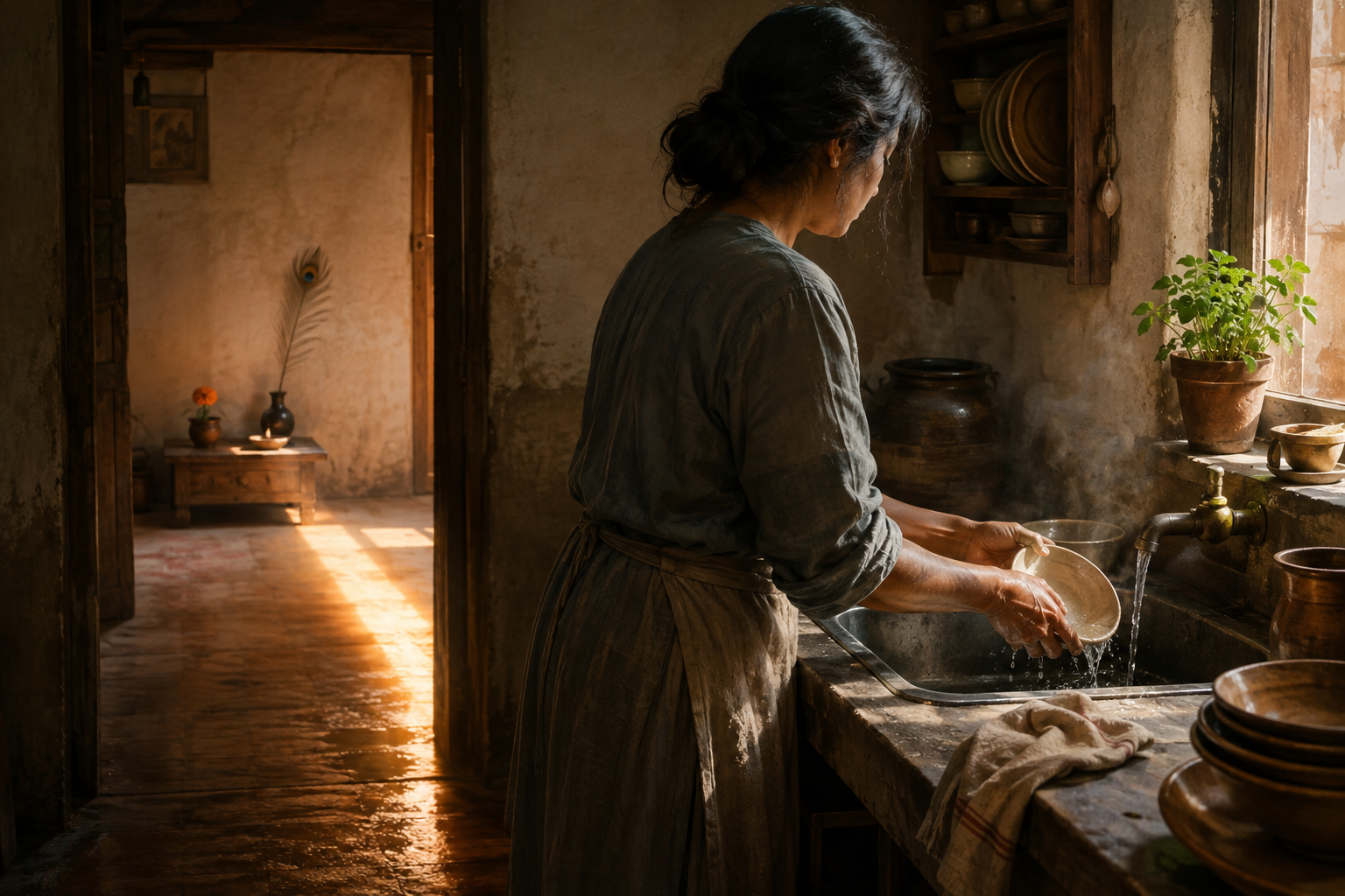 An anonymous person washes a bowl in a simple kitchen as sunrise extends from a nearby prayer corner toward their hands.