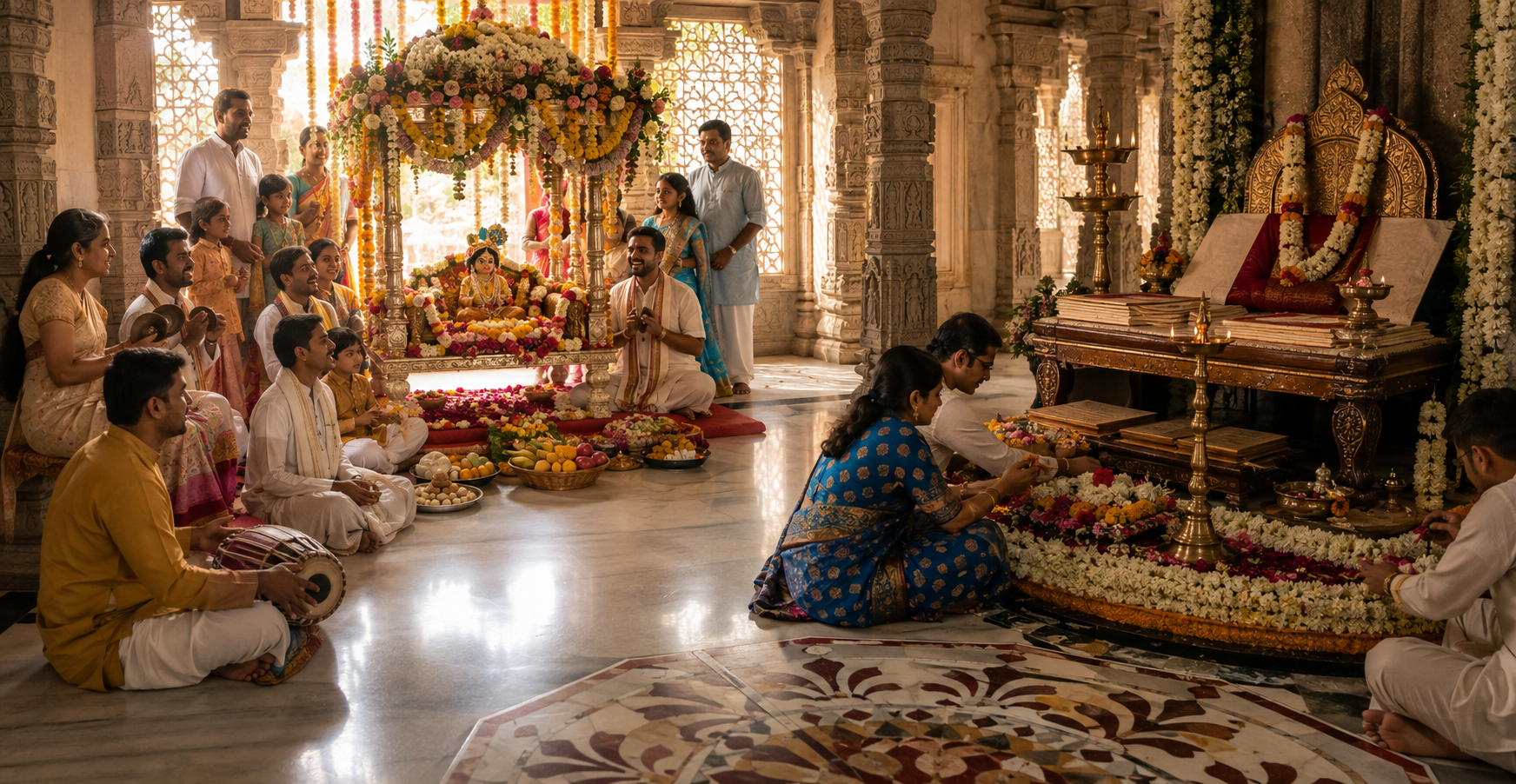 Devotees celebrate around an infant Krishna cradle while others make offerings before a raised teaching seat and sacred scriptures in a temple hall.