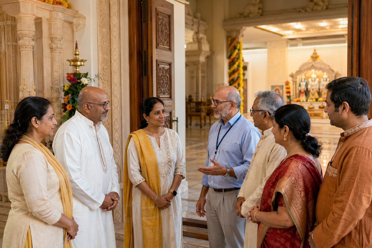 Temple trustees, volunteers, and parents discuss community safety in a bright Hindu temple hall with open sightlines.