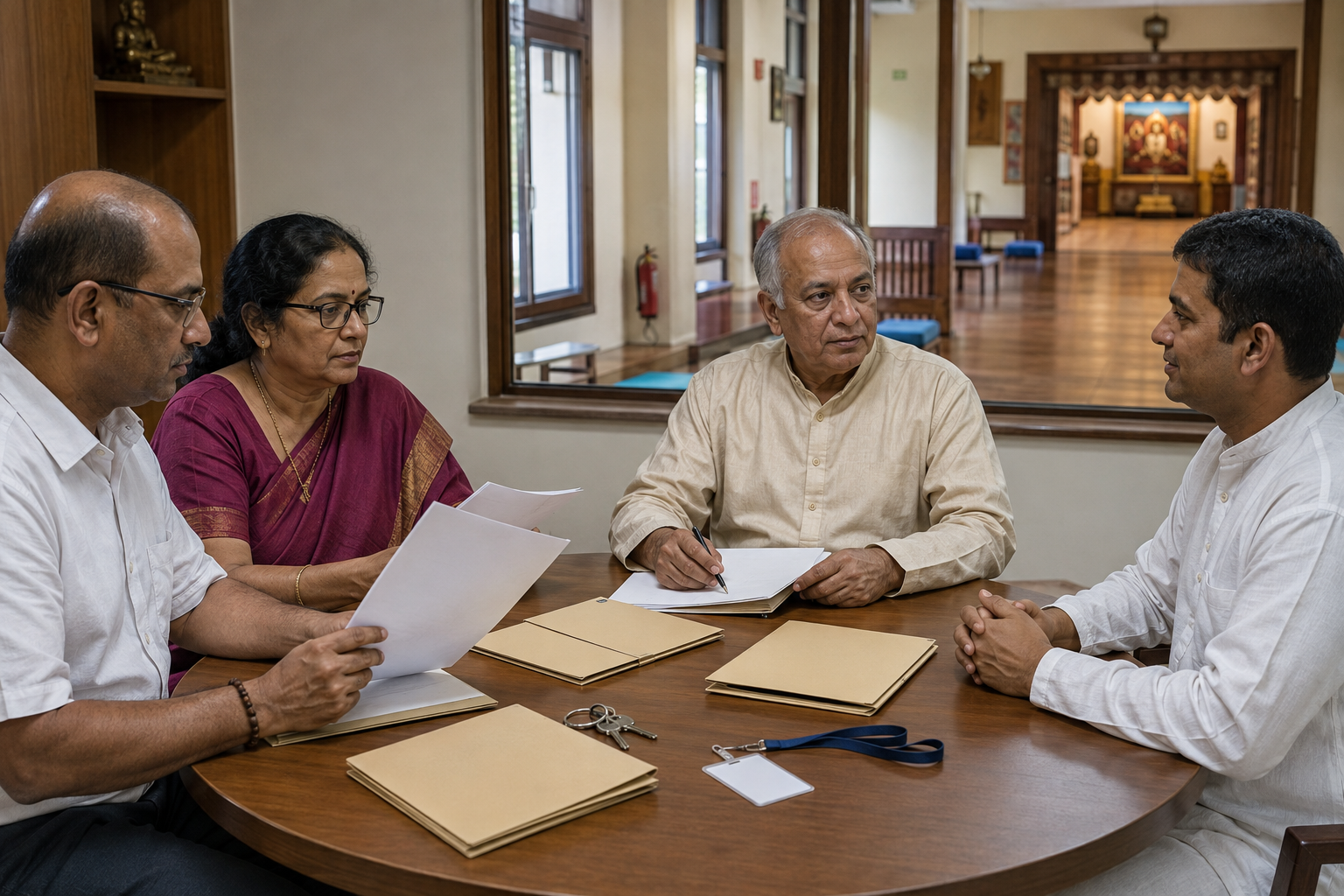 Three temple committee members review blank credential folders, an identification card, and room keys in an administrative office.