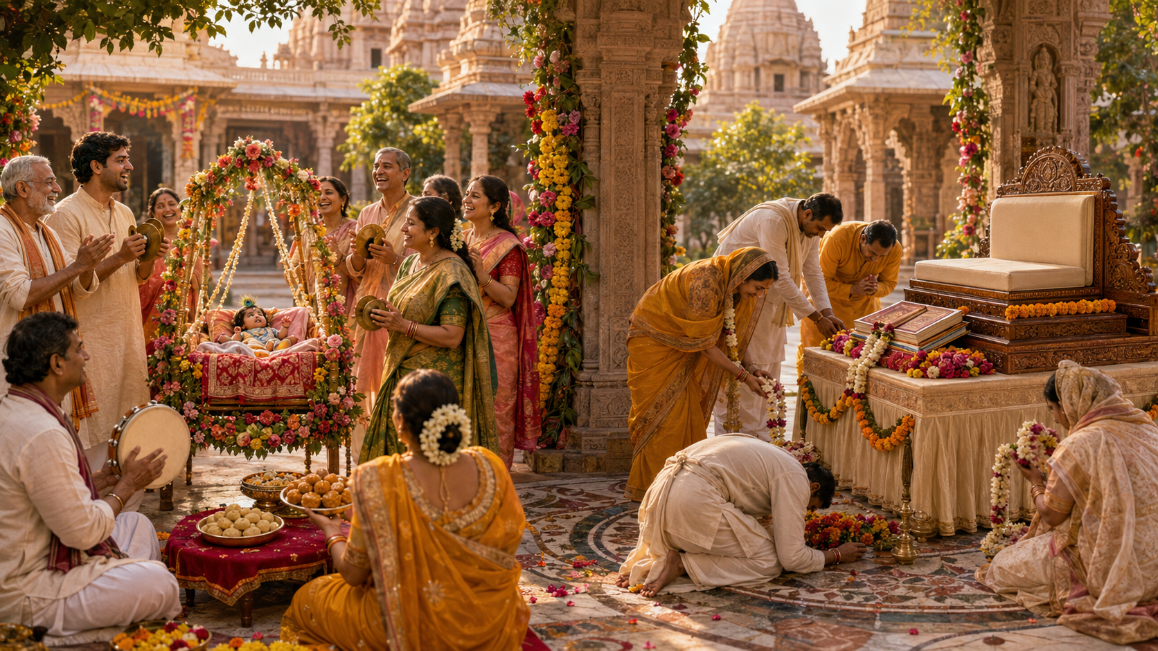 A temple courtyard scene contrasts joyful singing near an infant Krishna cradle with reverent flower offerings before scriptures on a teaching seat.