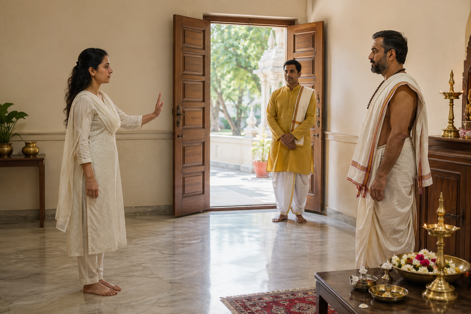 An adult devotee raises an open hand during a temple consultation as a priest keeps his distance and an attendant stands by the open door.