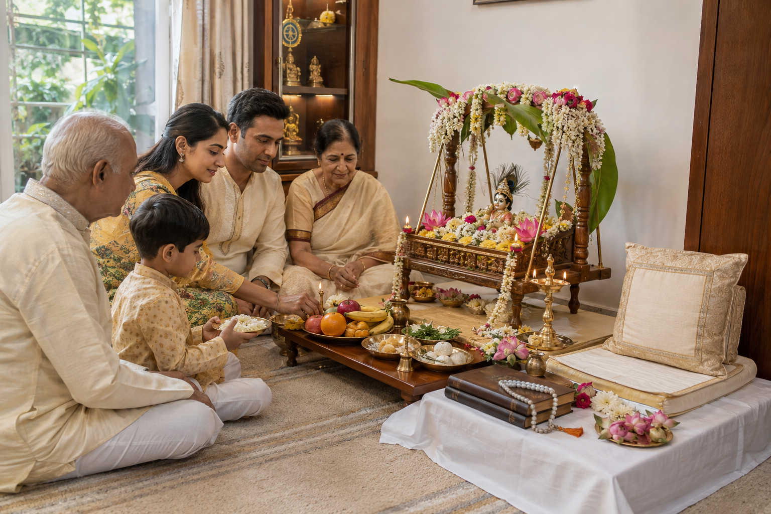 A family prepares separate home offerings beside an infant Krishna cradle and sacred scriptures arranged near an empty teacher's seat.