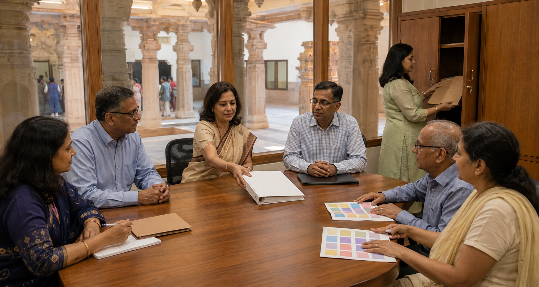 A diverse temple board meets around a table with a policy binder and secure cabinet for confidential records.