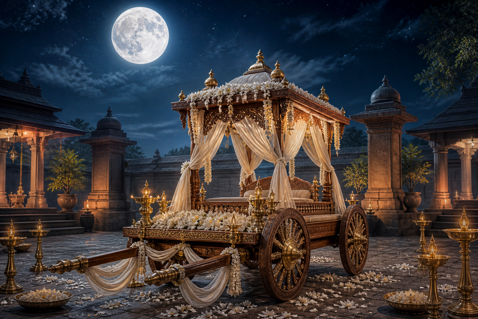 A moonlit ceremonial conveyance with carved wheels, brass details, white flowers, and pale fabric in a temple courtyard.