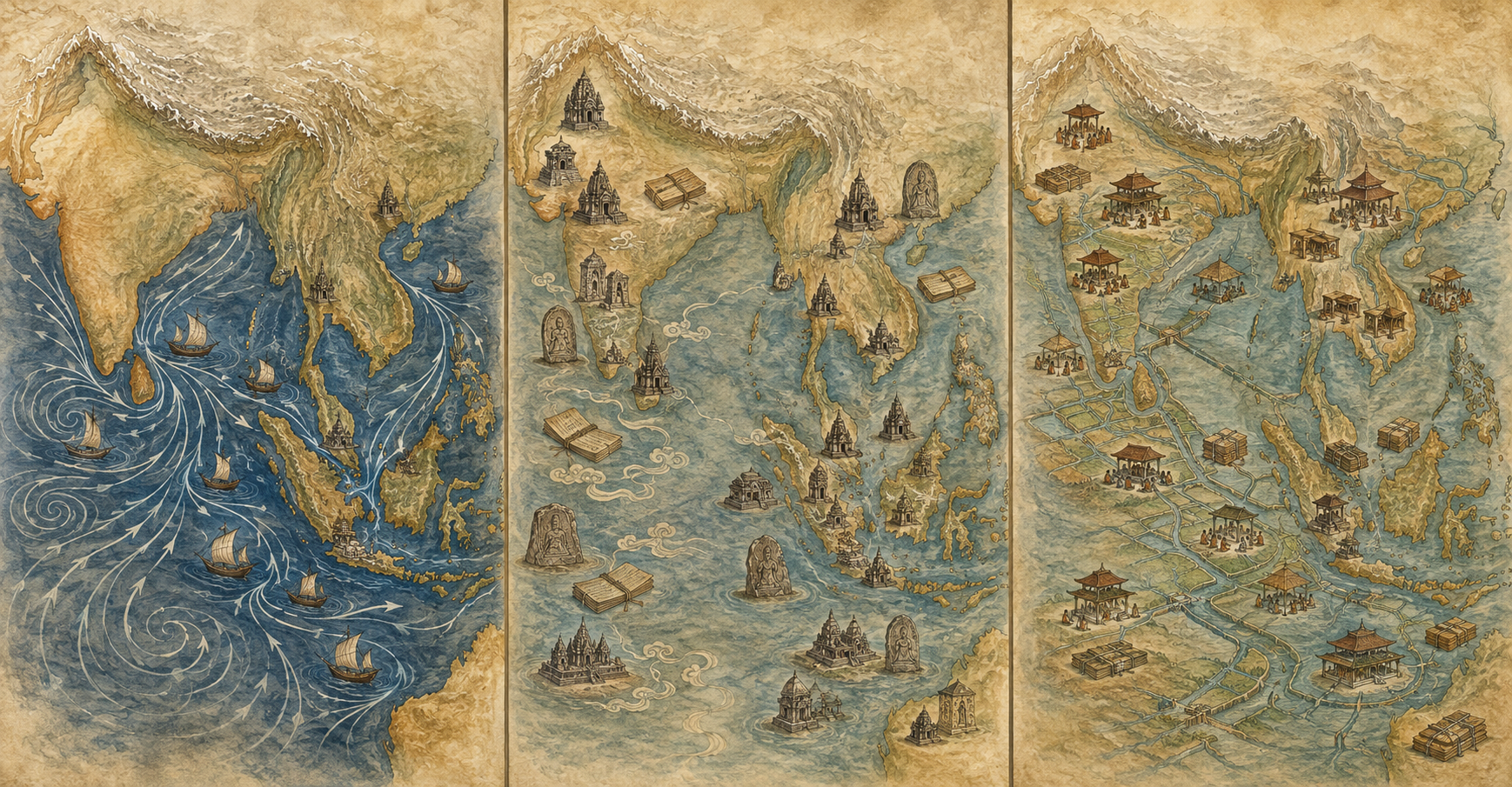 Three unlabeled relief maps connect Bharat and Southeast Asia through sea routes, cultural artifacts, and institutions.