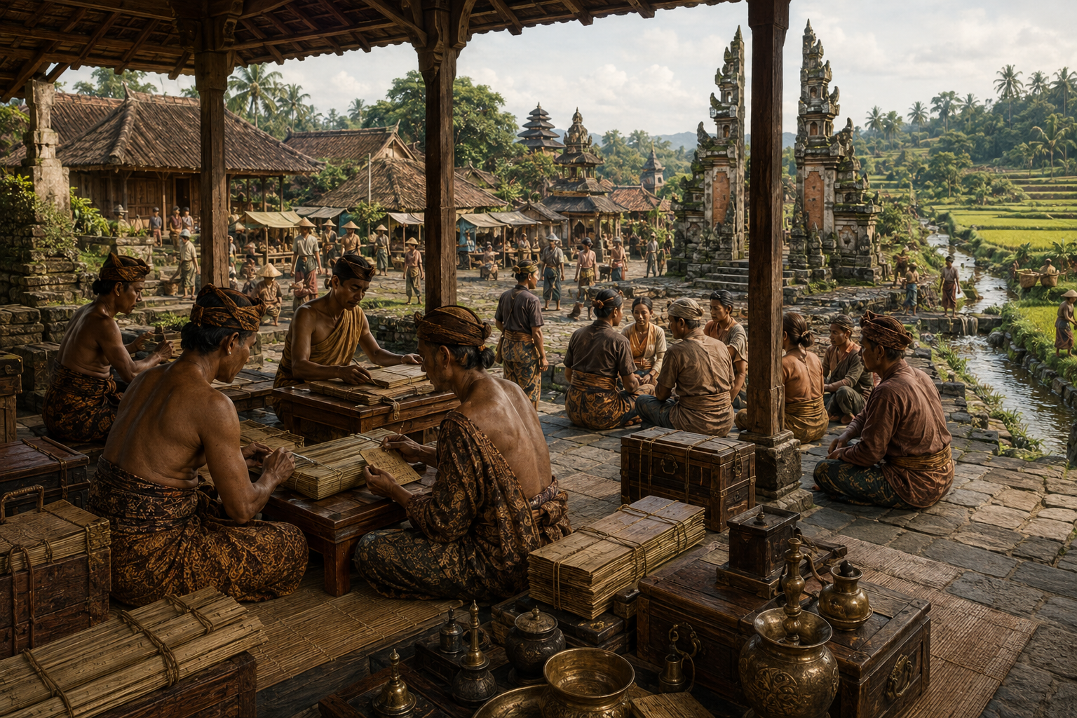 Scribes and officials examine palm-leaf manuscripts in a pavilion overlooking a temple courtyard, market, rice fields, and irrigation works.