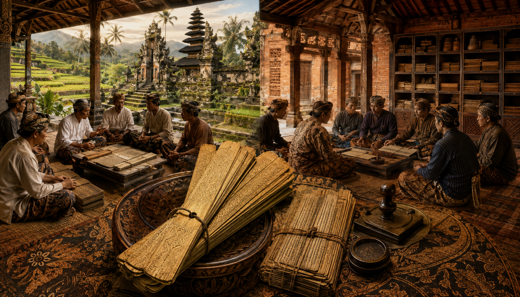 Balinese council members and Javanese court officials consult palm-leaf law manuscripts in two distinct historical settings.