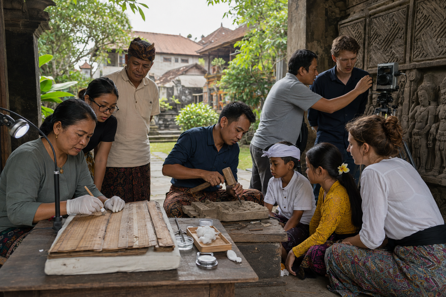 Local conservators, artisans, students, and researchers preserve a palm-leaf manuscript and stone relief in a heritage courtyard.
