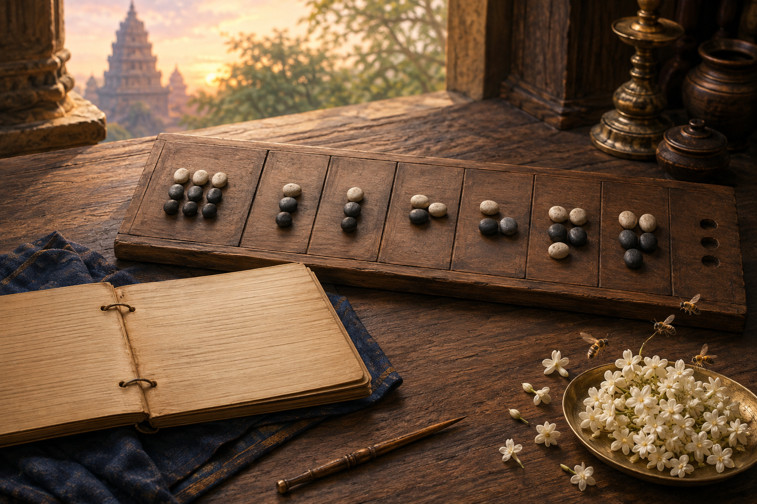 Palm-leaf manuscript, stylus, counting board, stone counters, jasmine blossoms, and hovering bees arranged on a warmly lit wooden workspace.