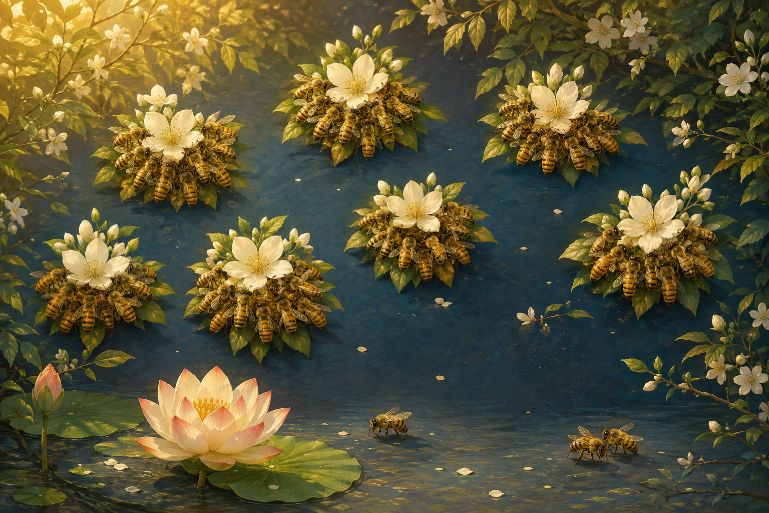 Several distinct groups of honeybees hover around jasmine flowers while a lone bee and a pair remain apart near a lotus.