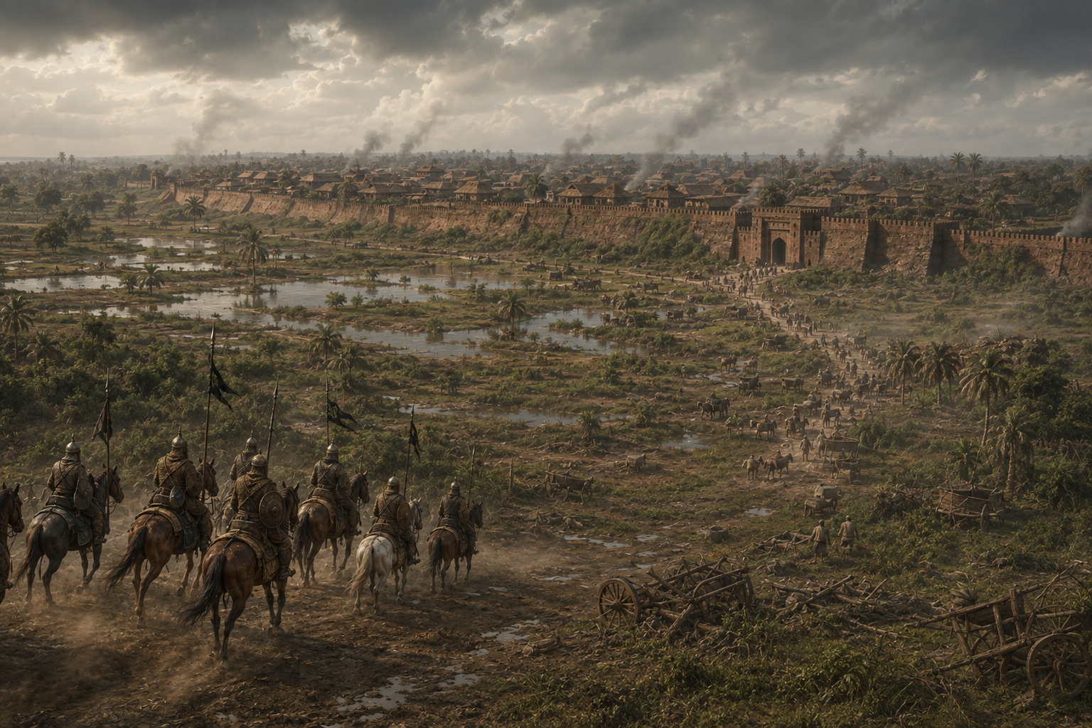 Mounted cavalry advances across the fields and waterways outside the brick defenses of ancient Gaur as smoke rises over the surrounding settlements.