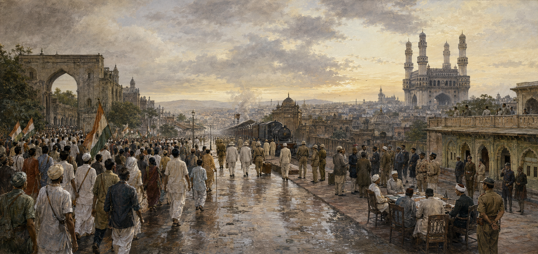 Late-1940s editorial scene showing Indian marchers, departing colonial personnel, negotiators, civilians, uniformed forces, and Hyderabad's Charminar beneath a breaking dawn sky.