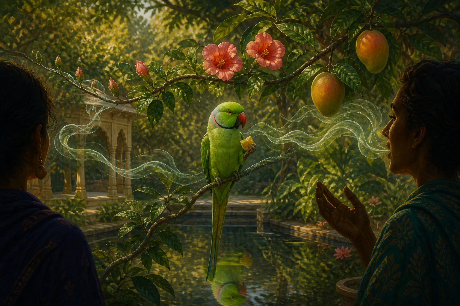 A green parakeet perches between one listening figure and one speaking figure as a vine changes from buds and flowers to ripe mangoes.