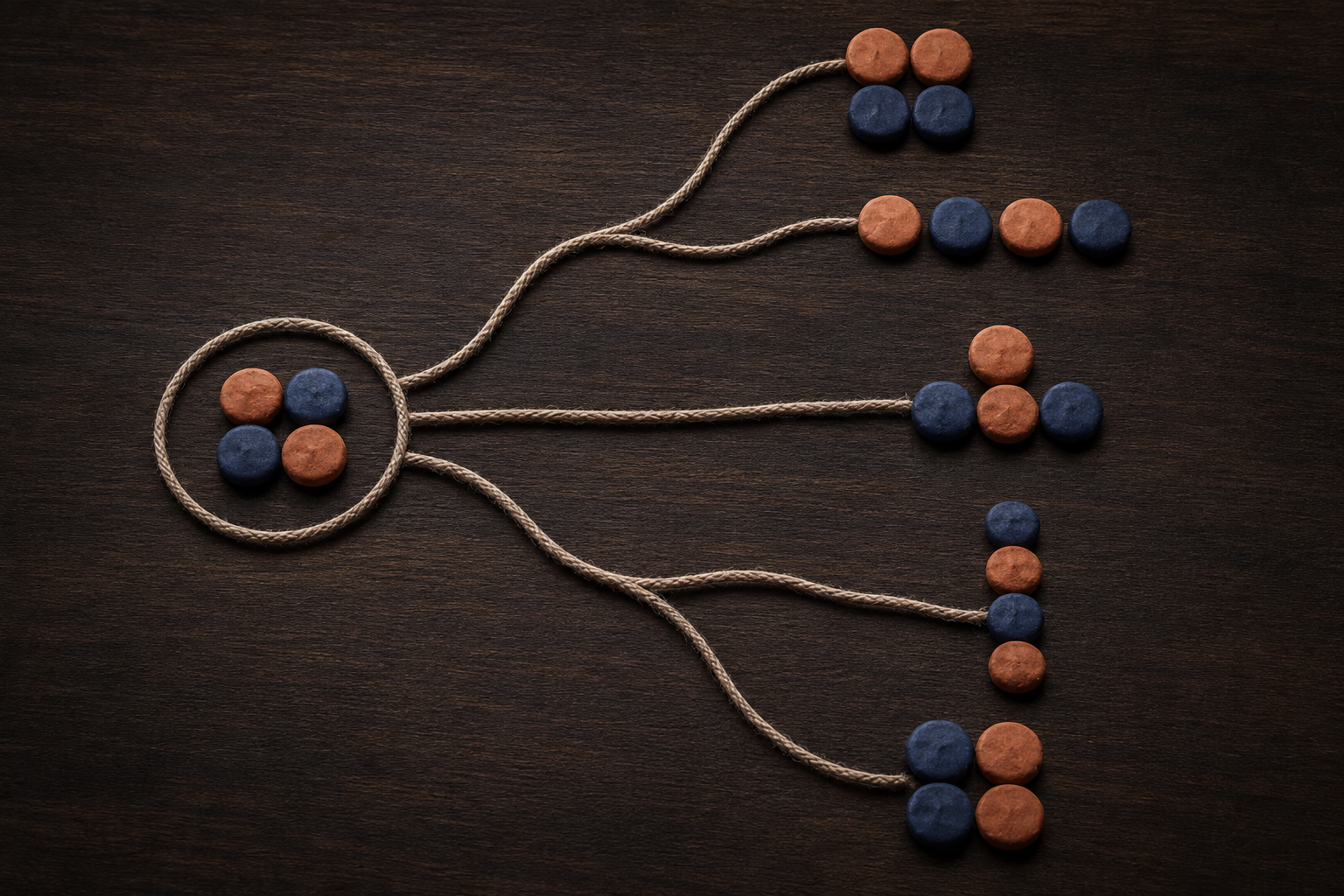 Clay tokens form one fixed grouping and several different balanced arrangements along branching paths on a wooden surface.