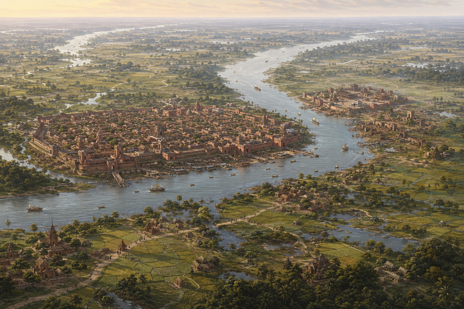 A bird's-eye reconstruction shows the riverine Gauda countryside, the dense brick metropolis of Gaur and a smaller successor settlement developing near older ruins.