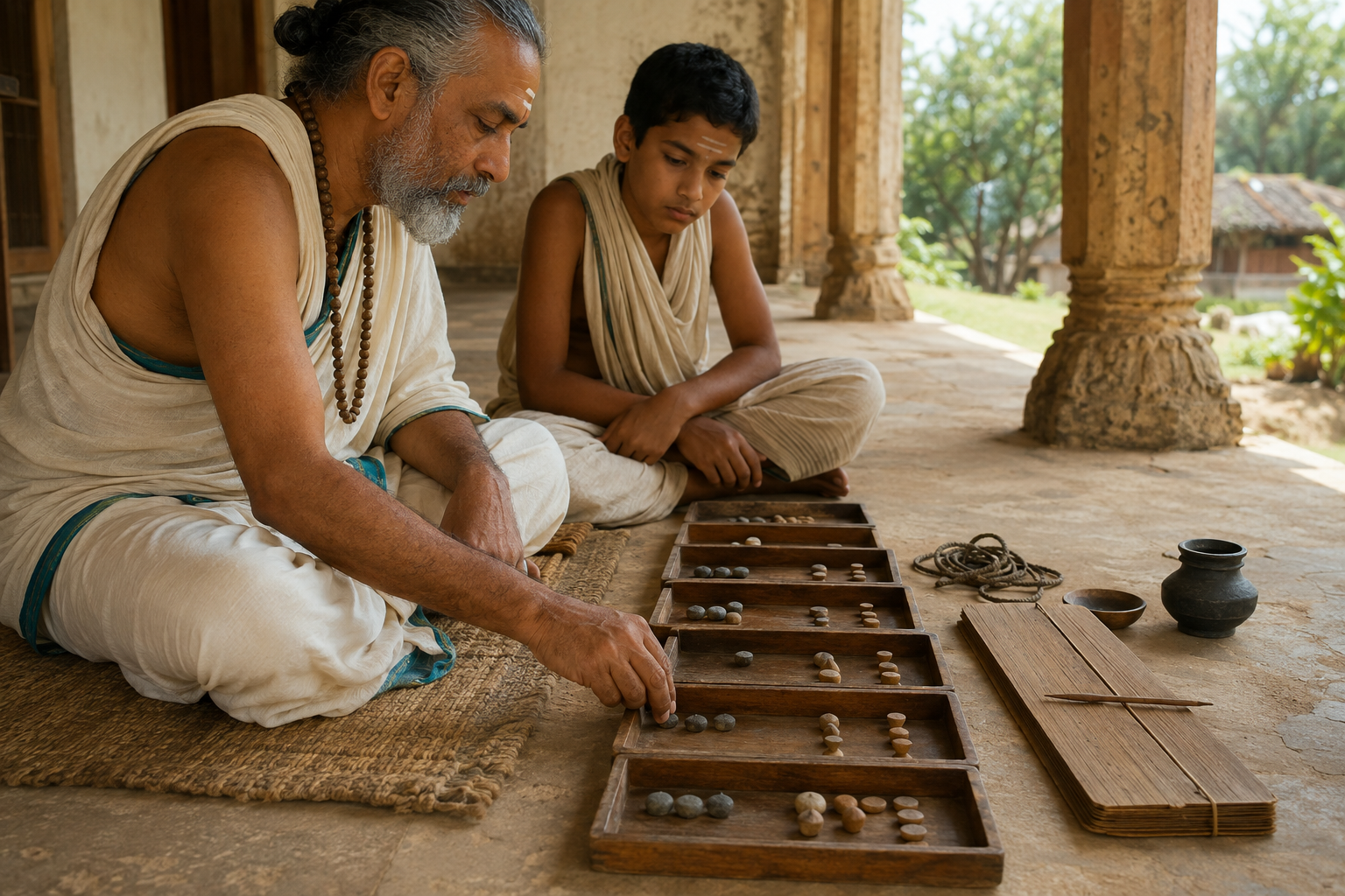 A scholar moves counting stones through a sequence of wooden trays while an apprentice watches beside blank palm leaves and a stylus.