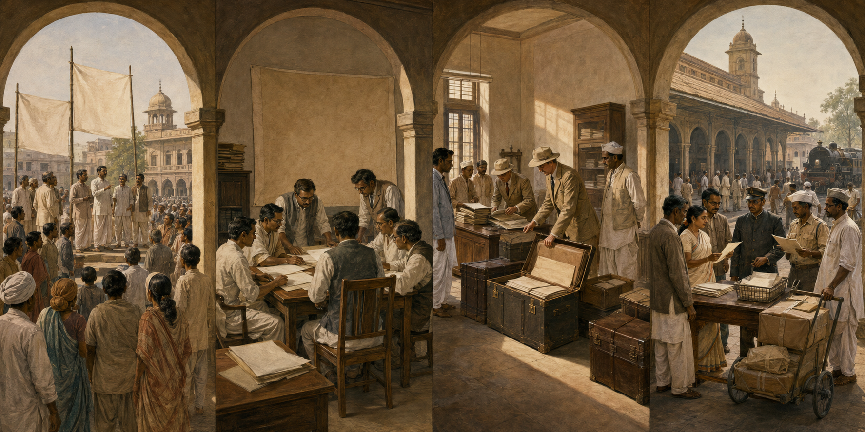 Four-part historical montage showing public mobilization, political planning, the transfer of a government office, and workers coordinating public services in 1940s India.