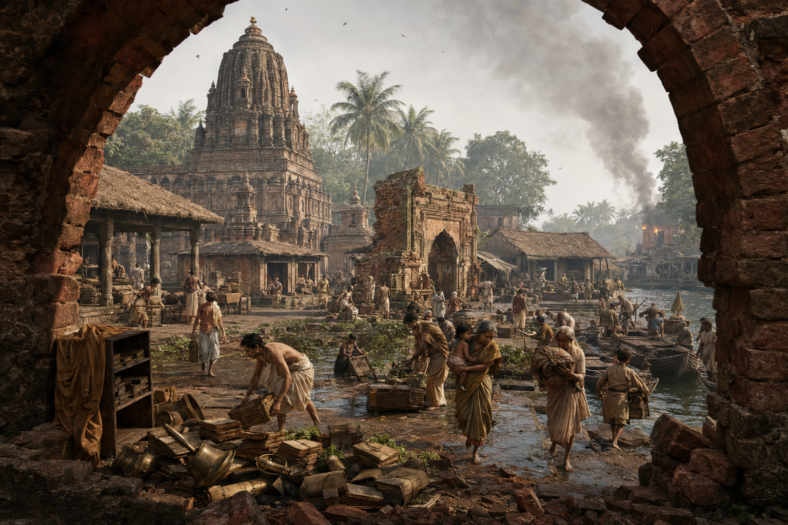 A damaged temple and learning complex stands amid workshops, granaries and homes while residents carry belongings toward boats through a smoke-filled settlement.