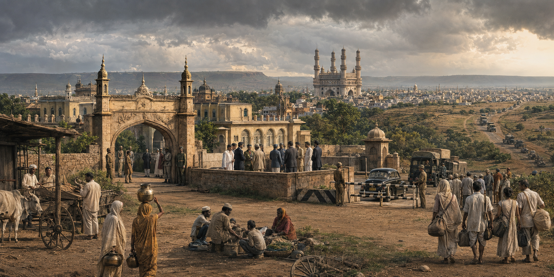 Cutaway panorama of late-1940s Hyderabad showing villagers, city residents, princely officials, negotiators, a guarded checkpoint, distant military vehicles, and the Charminar skyline.
