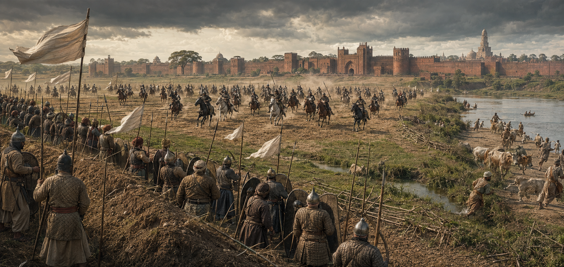 Defenders and mounted attackers clash among fields and embankments outside Gaur while the city's brick walls and gateway rise in the distance.