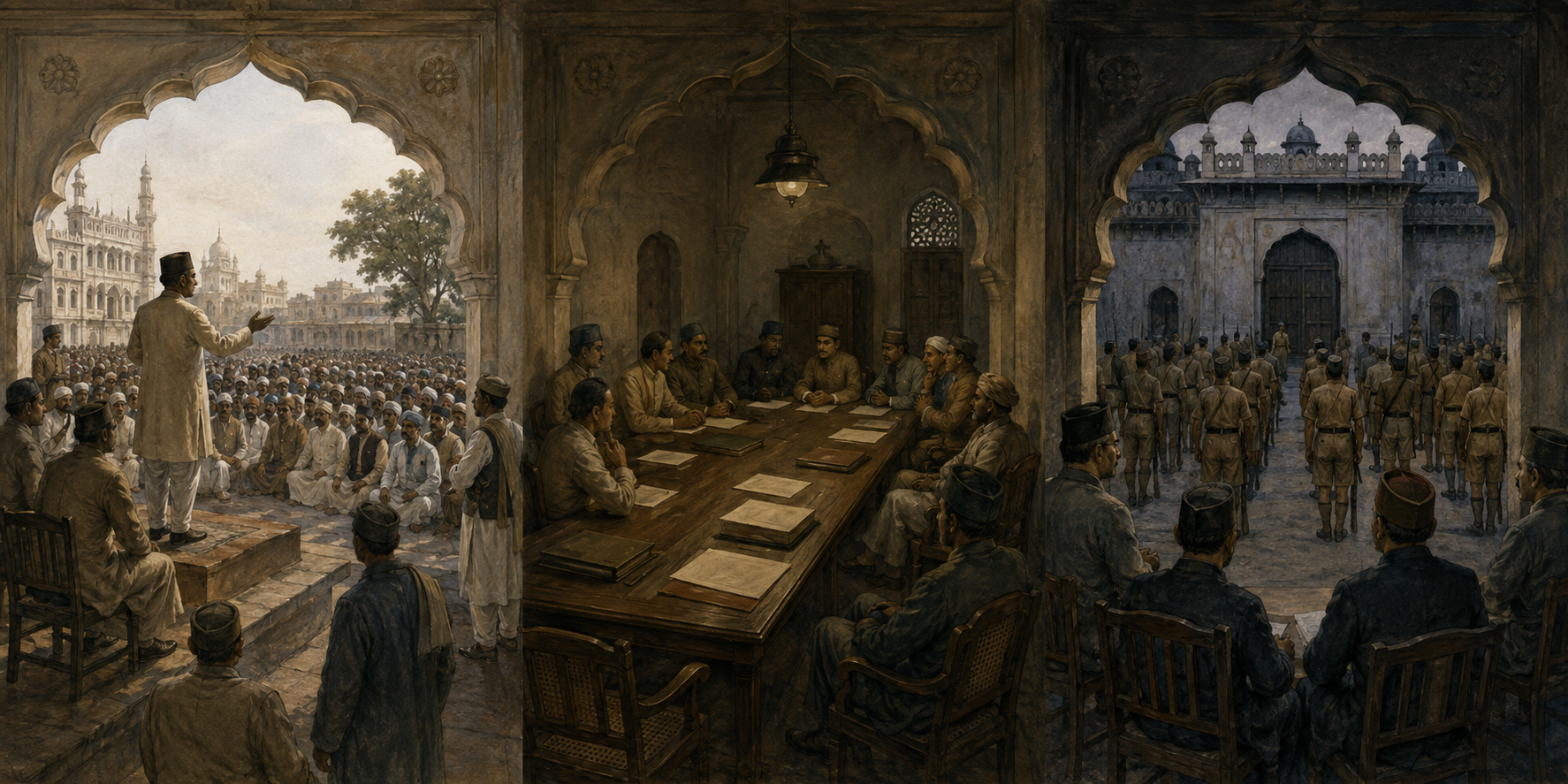 Three-part historical illustration showing a Hyderabad public meeting, a leadership committee in deliberation, and a later armed militia assembling at a guarded compound.