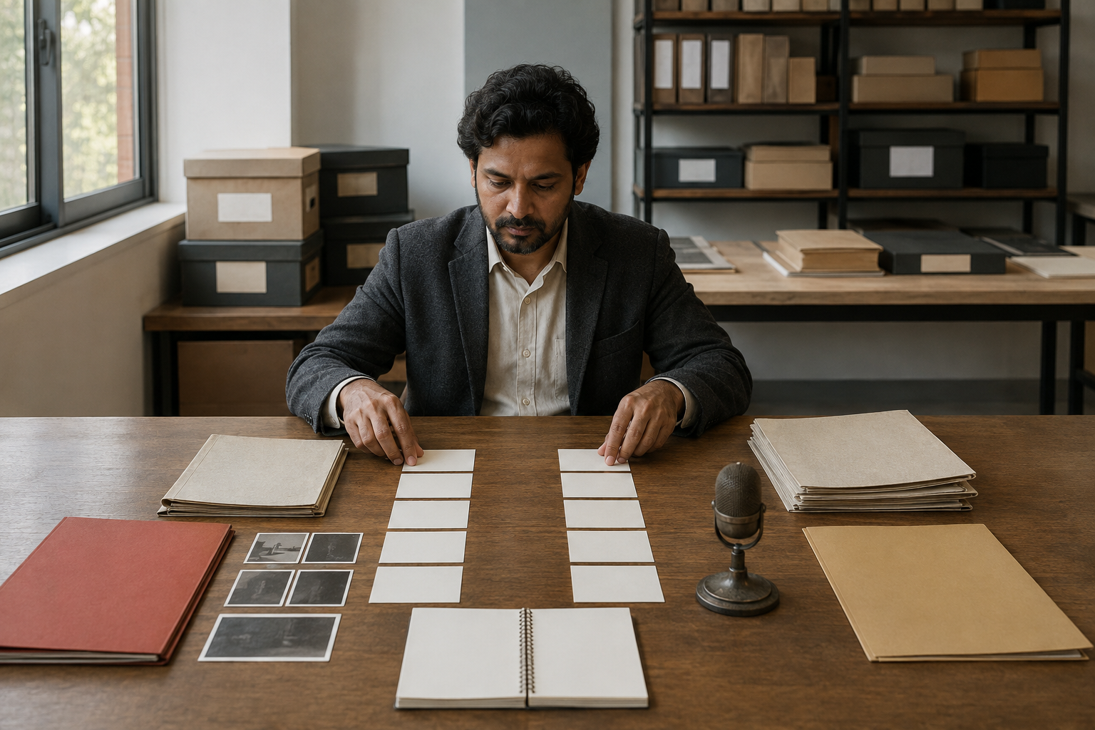 Historian at an archive table comparing government files, photographs, newspapers, recorded testimony, and chronology materials arranged symmetrically.