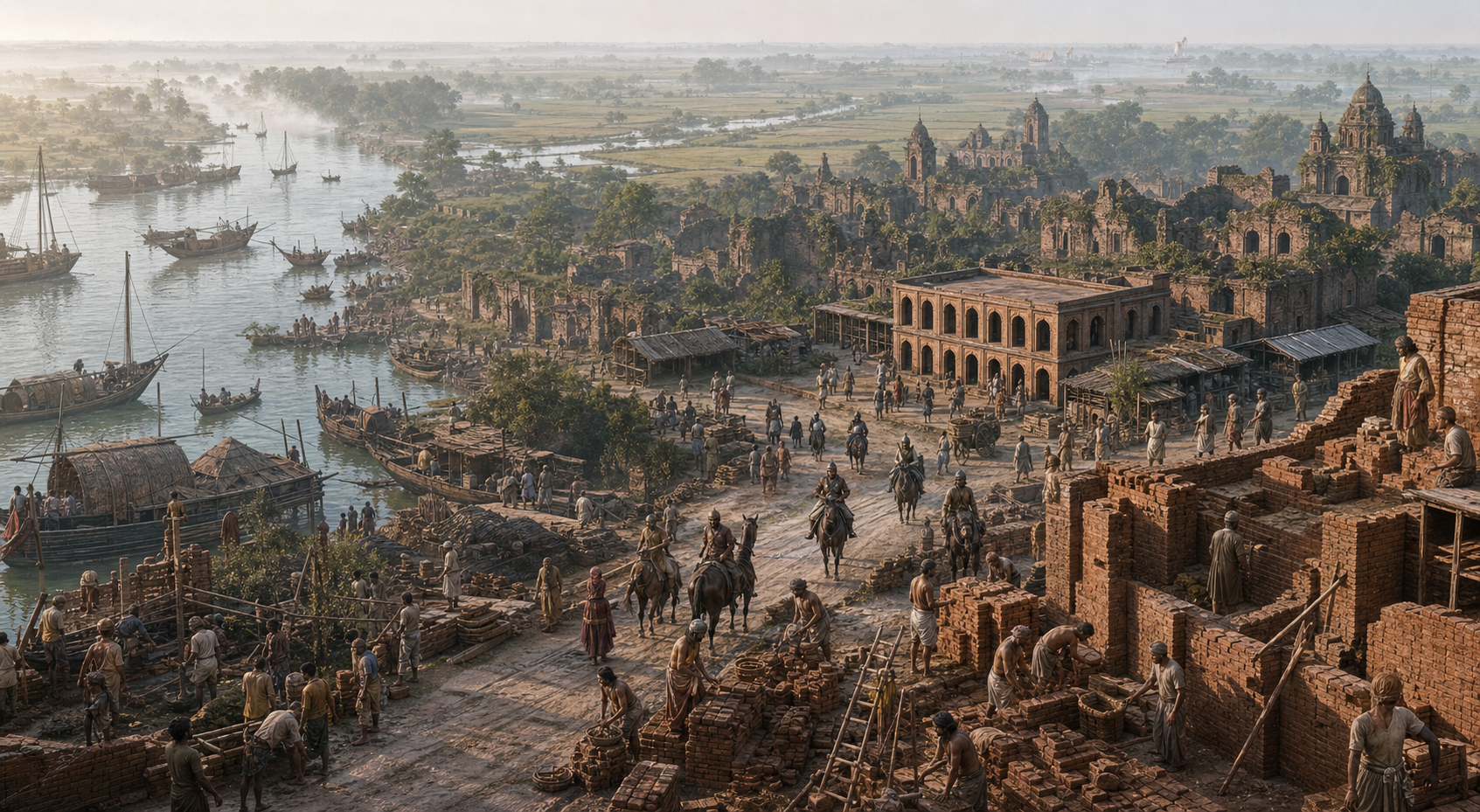 Workers reuse bricks near a river landing to build a new fortified settlement while damaged quarters of old Gaur remain visible across the surrounding countryside.