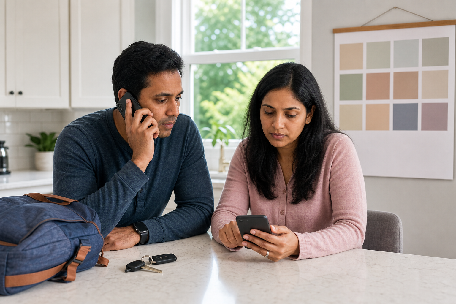 Two family members verify plans by phone at a kitchen table beside car keys and a packed day bag.