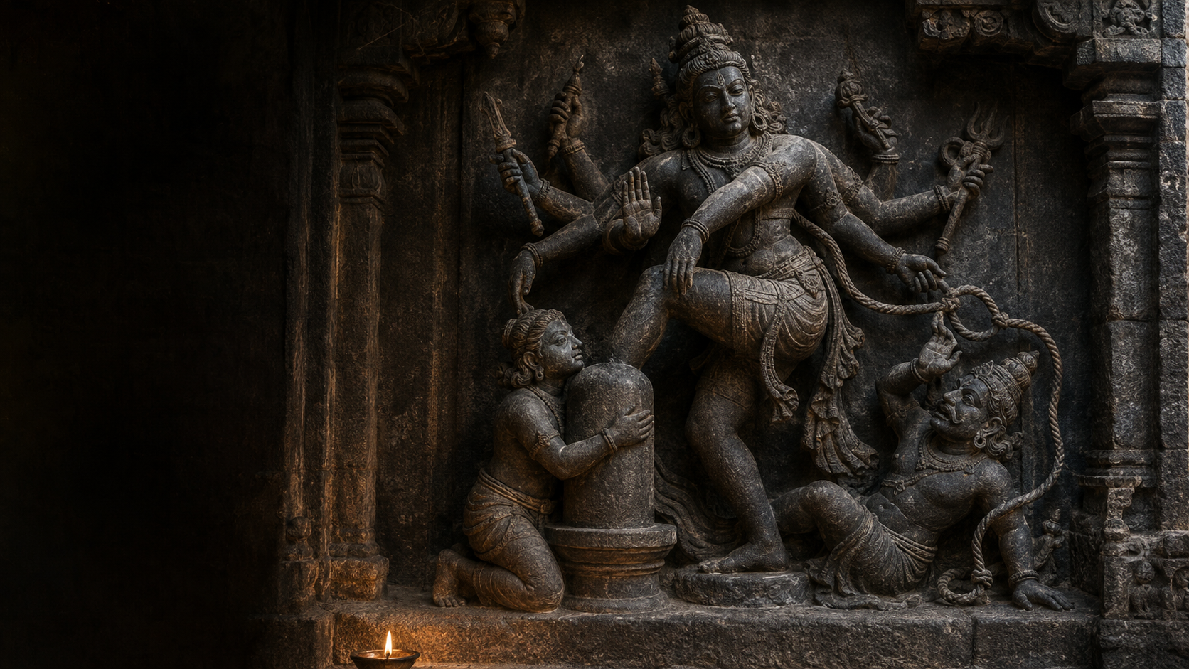 Stone temple relief showing Shiva above a kneeling devotee who embraces a linga while the death deity recoils below.