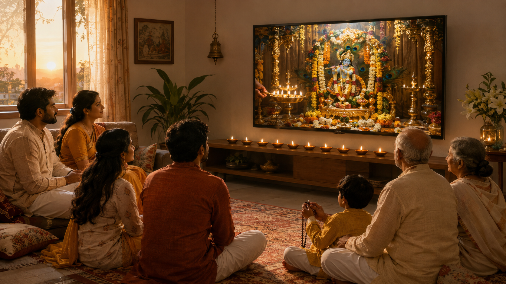 A multigenerational family watches a flower-decorated Krishna altar and arati ceremony on a television while prayer beads and ten small oil lamps rest nearby.