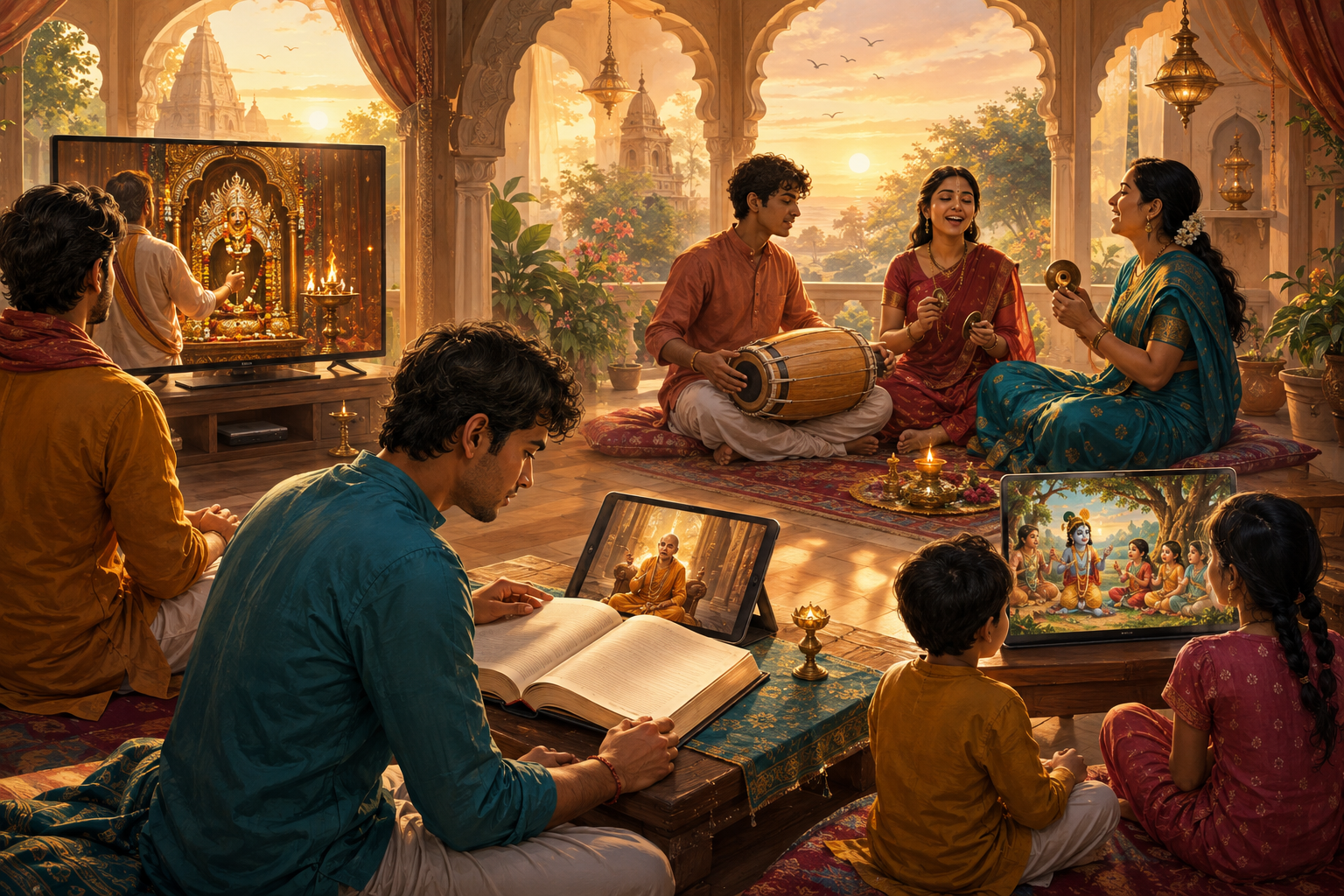 Four connected scenes show a devotee viewing arati, a student following a scripture class, a family singing kirtan, and children watching a devotional story.