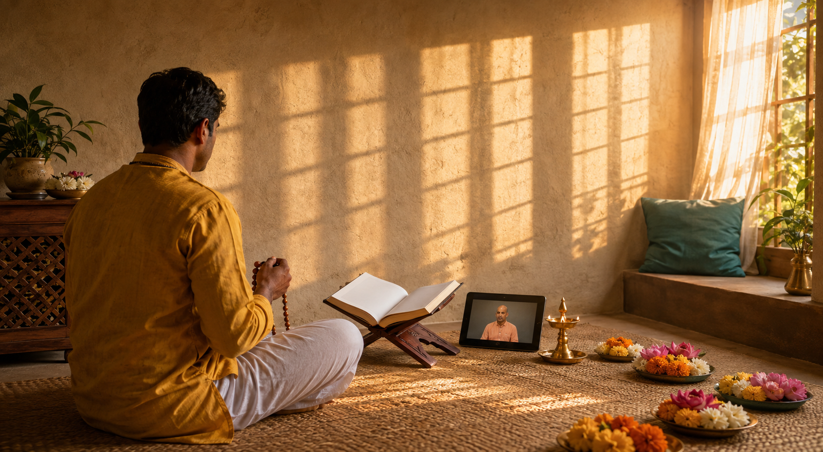 A devotee follows a morning discourse on a tablet beside prayer beads, an open book, flowers, and a lit brass lamp in a home prayer corner.