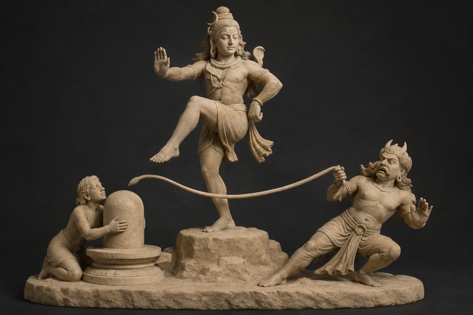 Simplified sandstone group with Shiva above, Markandeya embracing a linga at lower left, and the recoiling death deity at lower right.