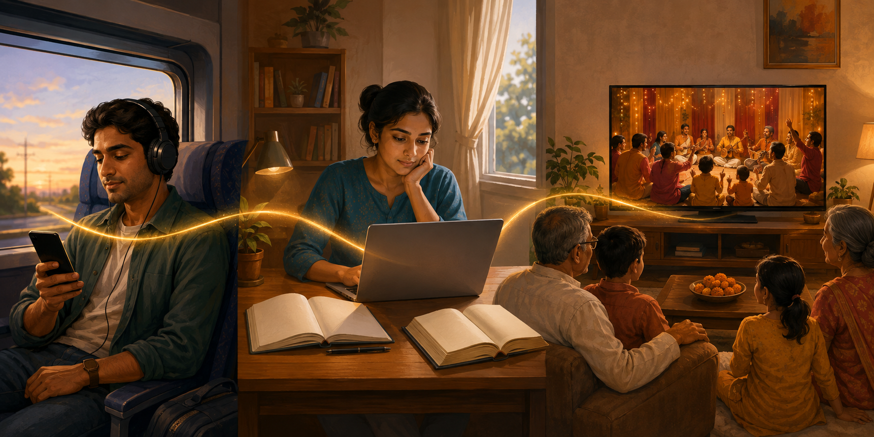 A commuter uses a phone, a student uses a laptop, and a family uses a television to access different devotional programmes.